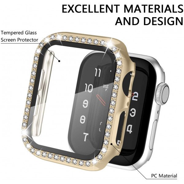 Wholesale Crystal Diamond Rhinestone Case with Built In Tempered Glass Screen Protector for Apple Watch Series 6/5/4/SE [44mm] (Gold)